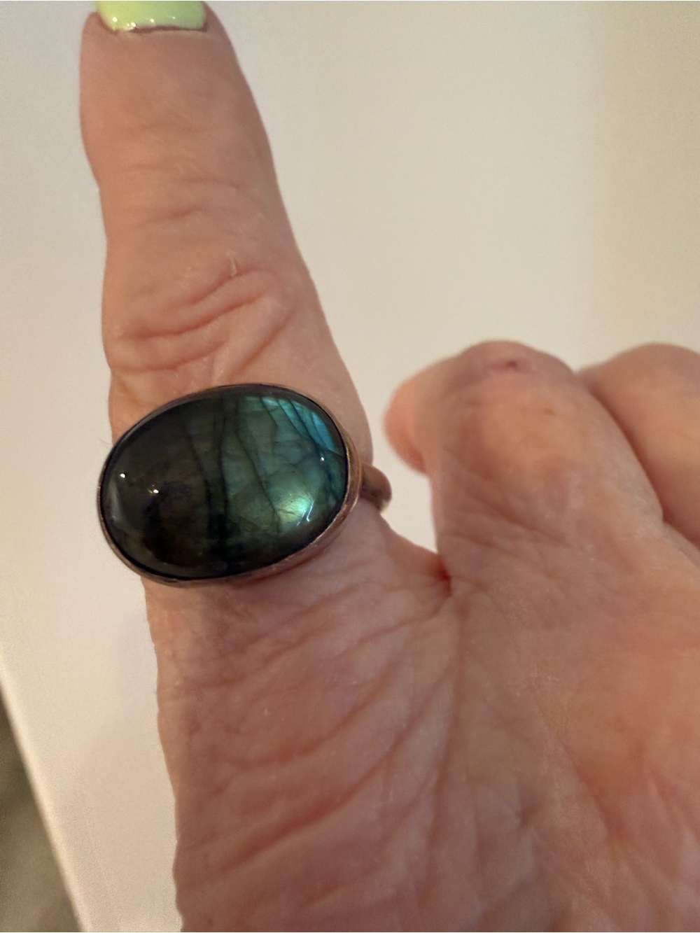 Labradorite Oval Statement Ring - Deep Green Blue